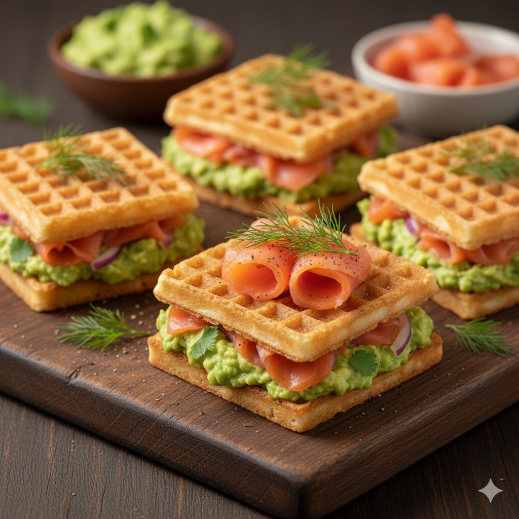Wafle z pastą z awokado i łososiem